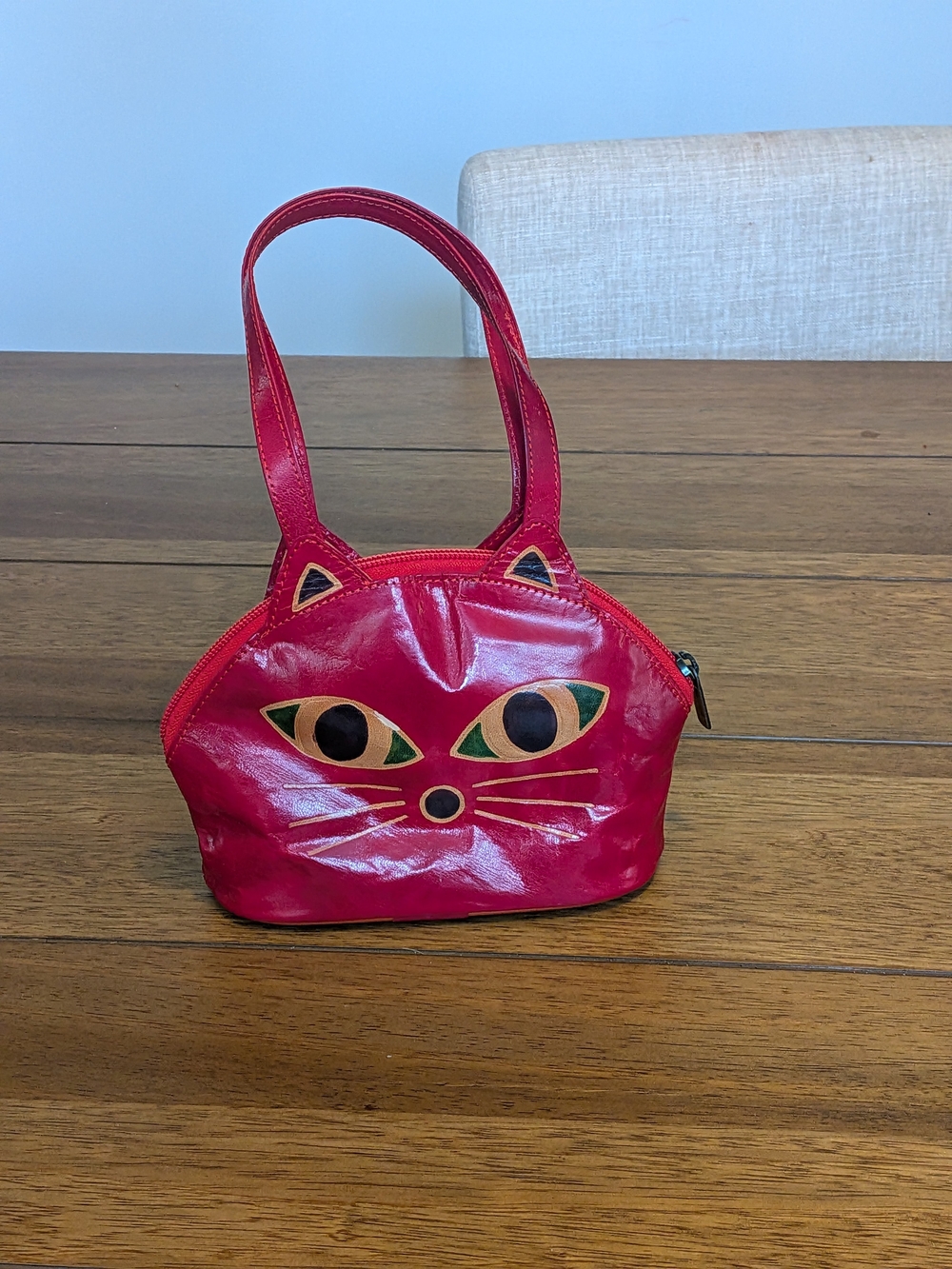 VTG 90s Tooled Leather Cat Face Purse Red Boho Shantiniketan Whimsygoth Grunge